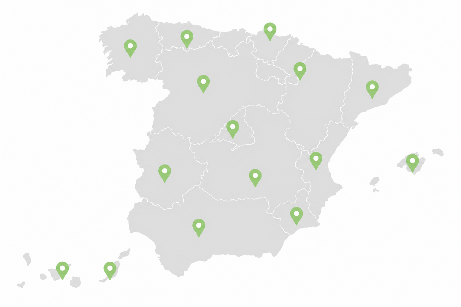 Mapa de España con los centros de la red repartidos por todo el país, incluidas Canarias y Baleares
